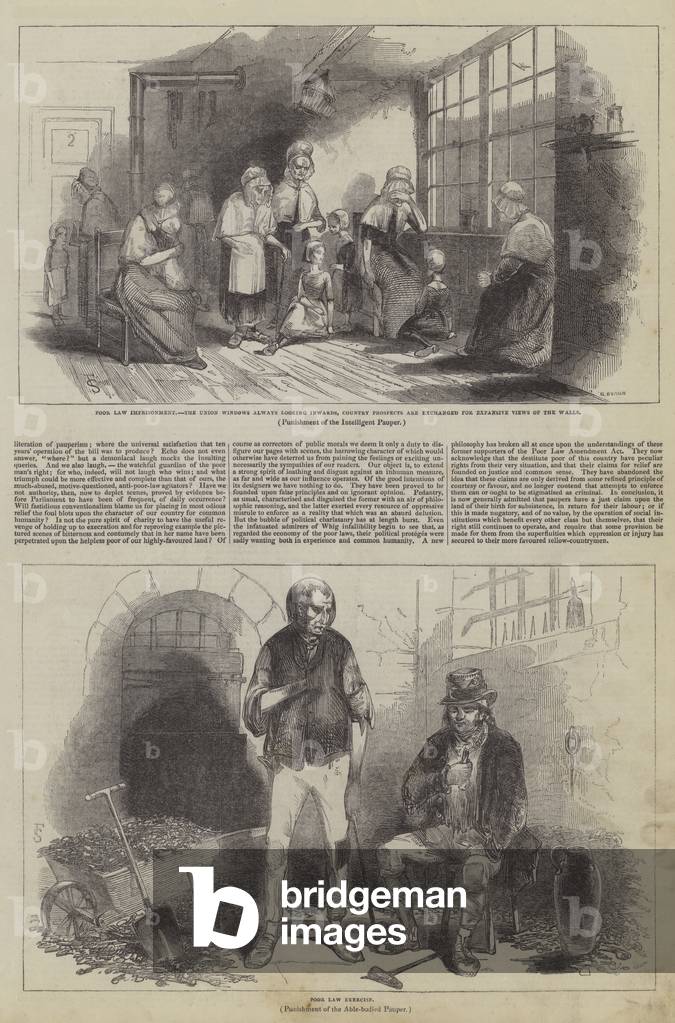 "Il crimine di povertà e la sua punizione (incisione)" 1846 di English School, b/w