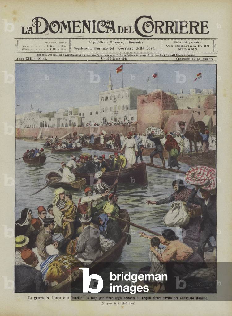 Der Krieg zwischen Italien und der Türkei, die Flucht der Einwohner von Tripolis auf dem Seeweg auf Einladung 
