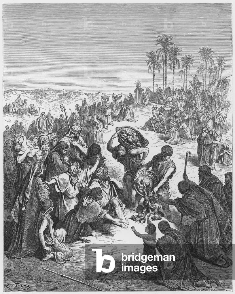 Gustave Dore Bible : Jésus nourrit la multitude (gravure) par Gustave Dore, b/w