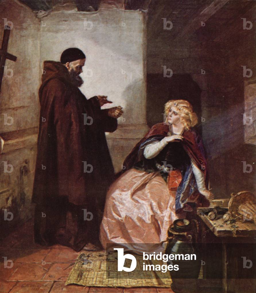 Shakespeare: Giulietta e Frate Lorenzo, Romeo e Giulietta, Atto IV, Scena 1 (litografia a colori)