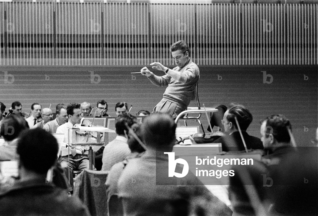 Image of Photography depicting Conductor Herbert von Karajan recording Beethoven's Piano Concerto No ... 1957 