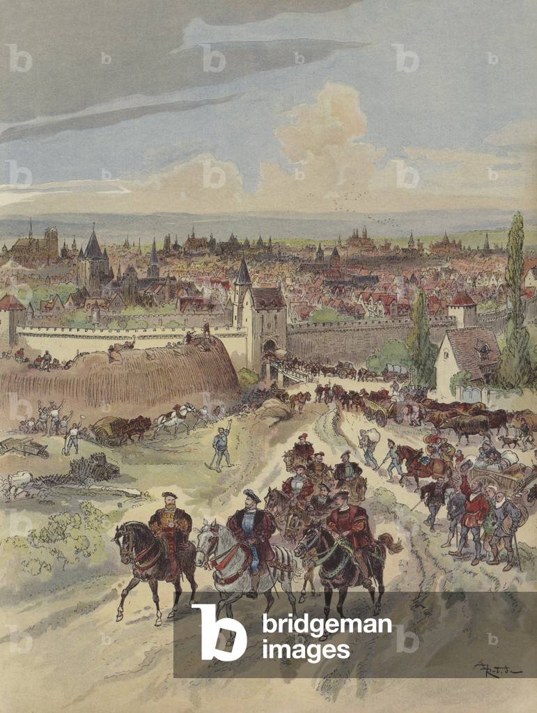 "Francois Ier faisant travailler aux remparts de Paris (Farblitho)" von Albert Robida