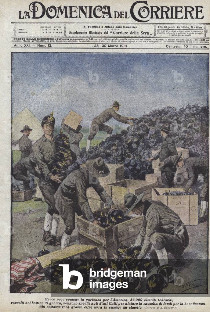 Marchandises peu communes au départ de l'Amérique (lithographie couleur) par Achille Beltrame