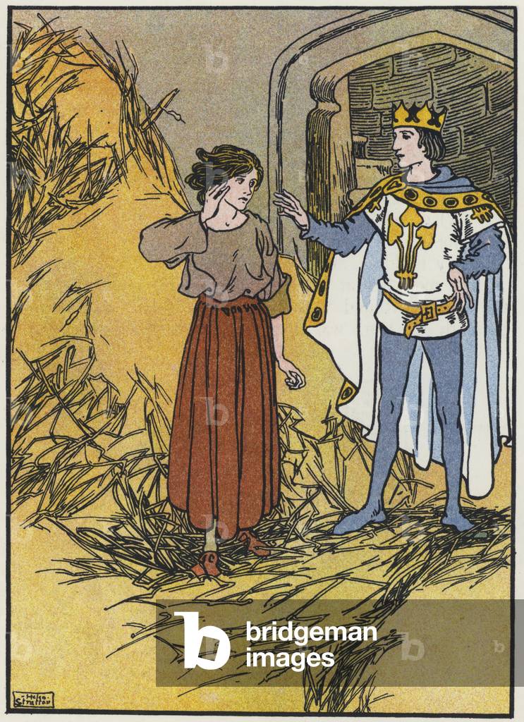 The King bids the maid spin the straw into gold (colour litho) by Helen Stratton