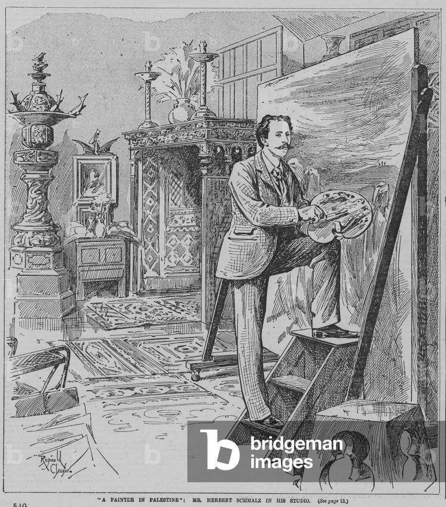 "Inglese Pre-Raphaelite pittore Herbert Schmalz al lavoro nel suo studio (incisione)" di Reginald Thomas Cleav