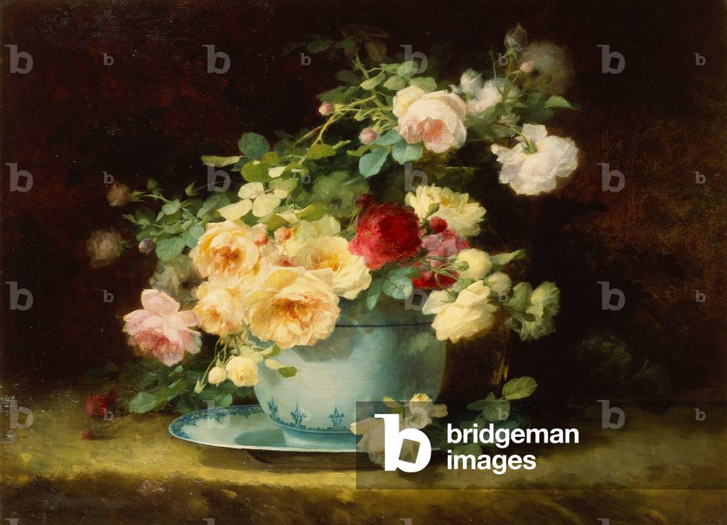 Rose in una ciotola di porcellana bianca e blu (olio su tela)