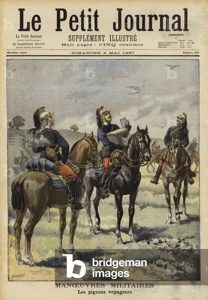 "Soldati che utilizzano piccioni portatori su manovre militari" 1801 di French School