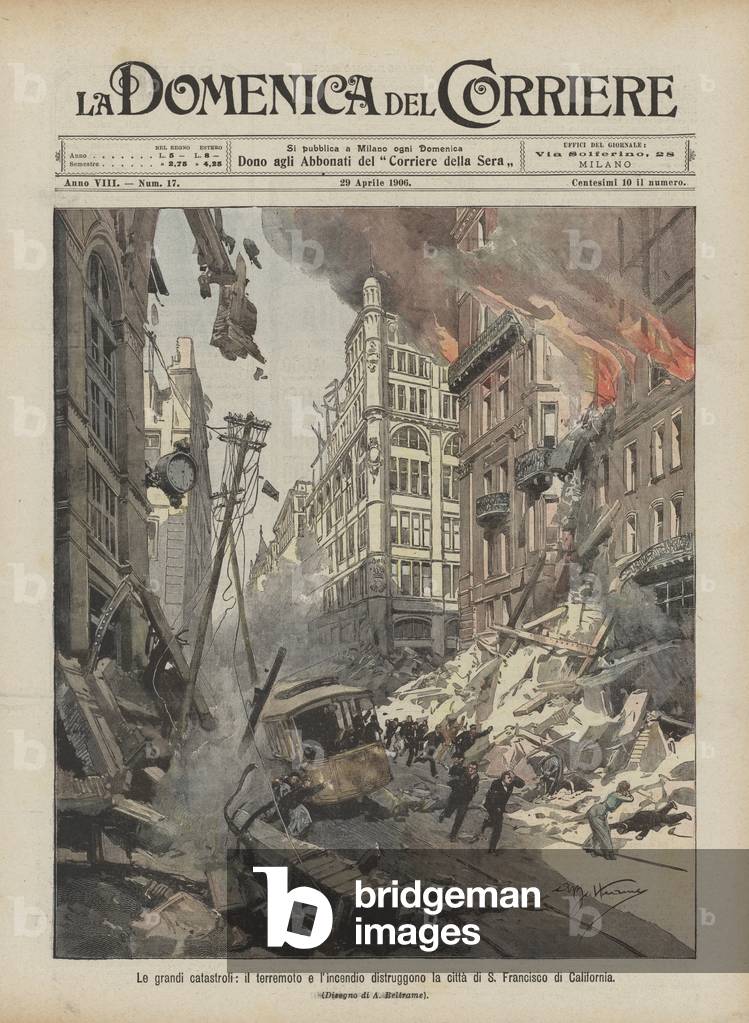 Le grandi catastrofi, il terremoto e l'incendio distruggono la citta di S Francisco di California (colour lith