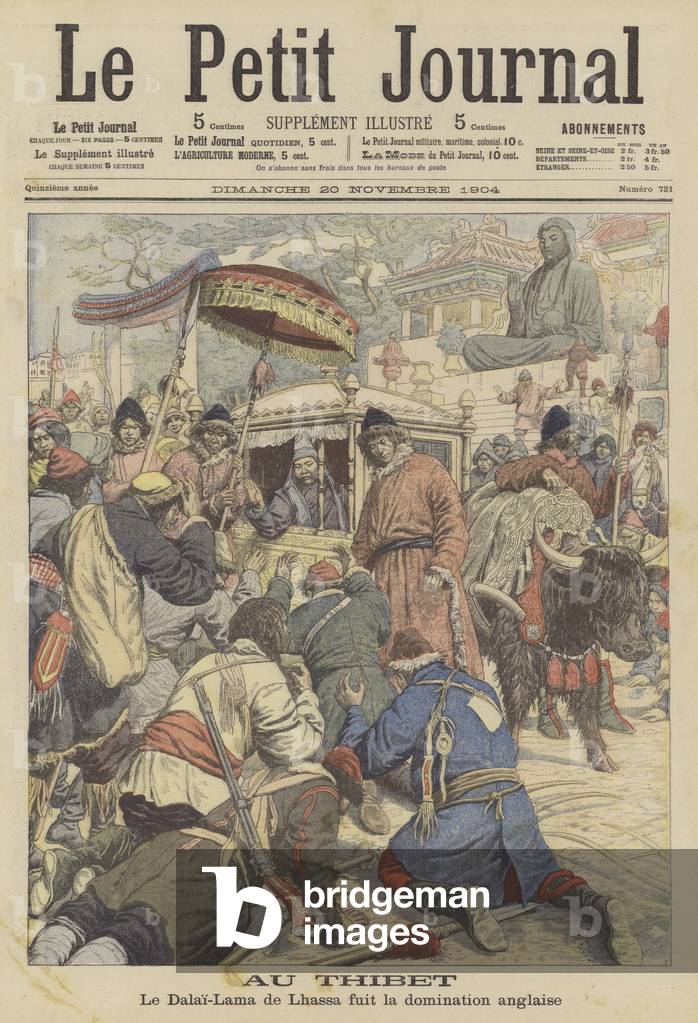 The Dalai Lama fleeing Tibet as a British expedition arrives in Lhasa (colour litho) by French Artist