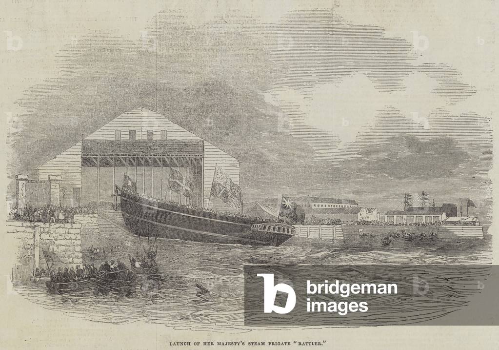 "Launch of Her Majesty's Steam Fregatte „Rattler“ (Gravur)" 1843 von English School, b/w