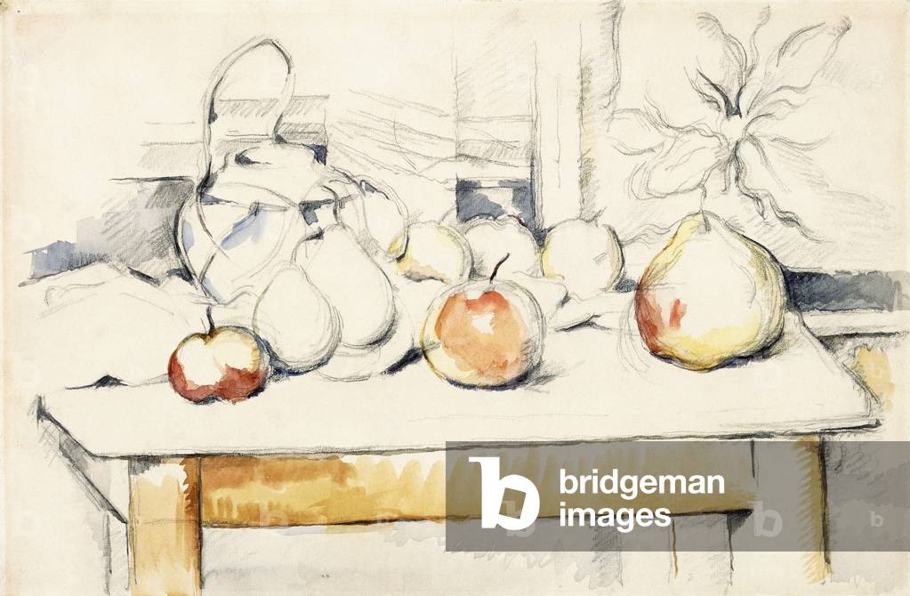Zenzero vaso e frutta su un tavolo, 1888-90 (acquerello su matita su carta)