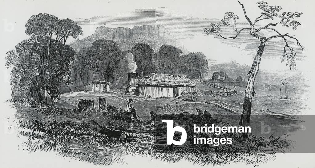 Esterno di una capanna di coloni nel bush australiano, 1849.