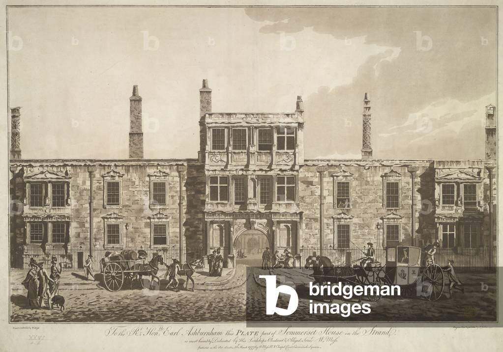 The facade of old Somerset House; figures and horses and carts in the Strand in front of the building