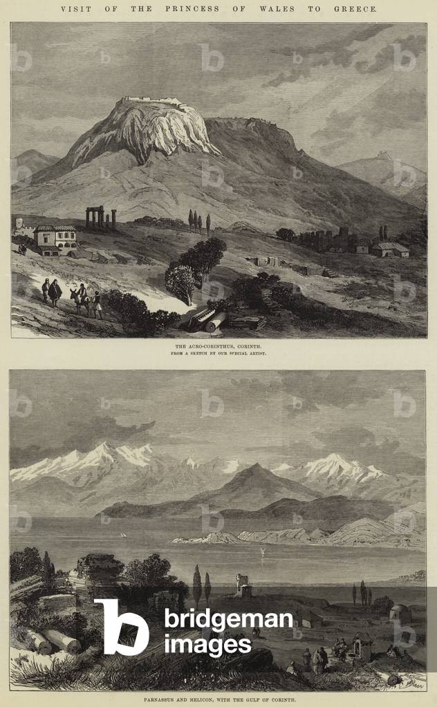 "Visita della principessa del Galles in Grecia (incisione)" di English School, b/w