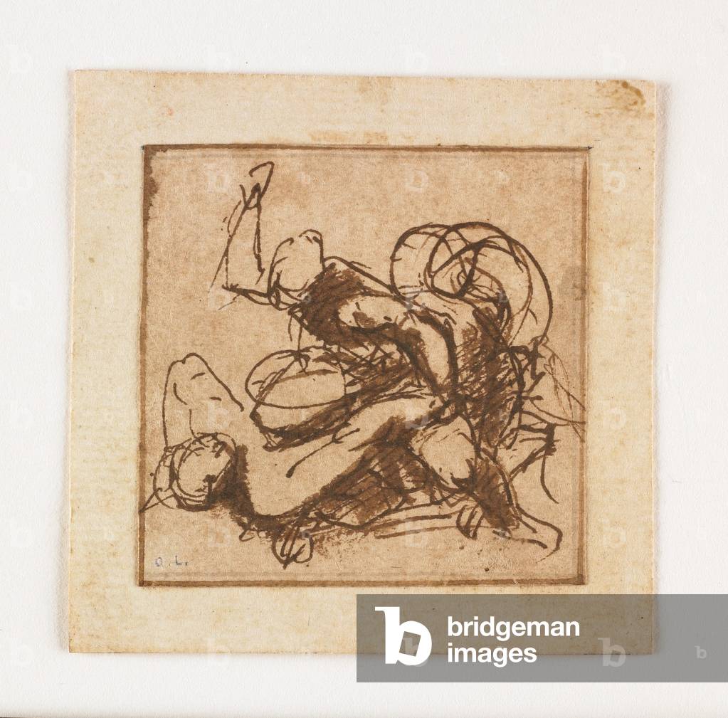 Study of Two Male Figures Fighting (stylo & encre brune & lavage) par Francesco Allegrini, b/w