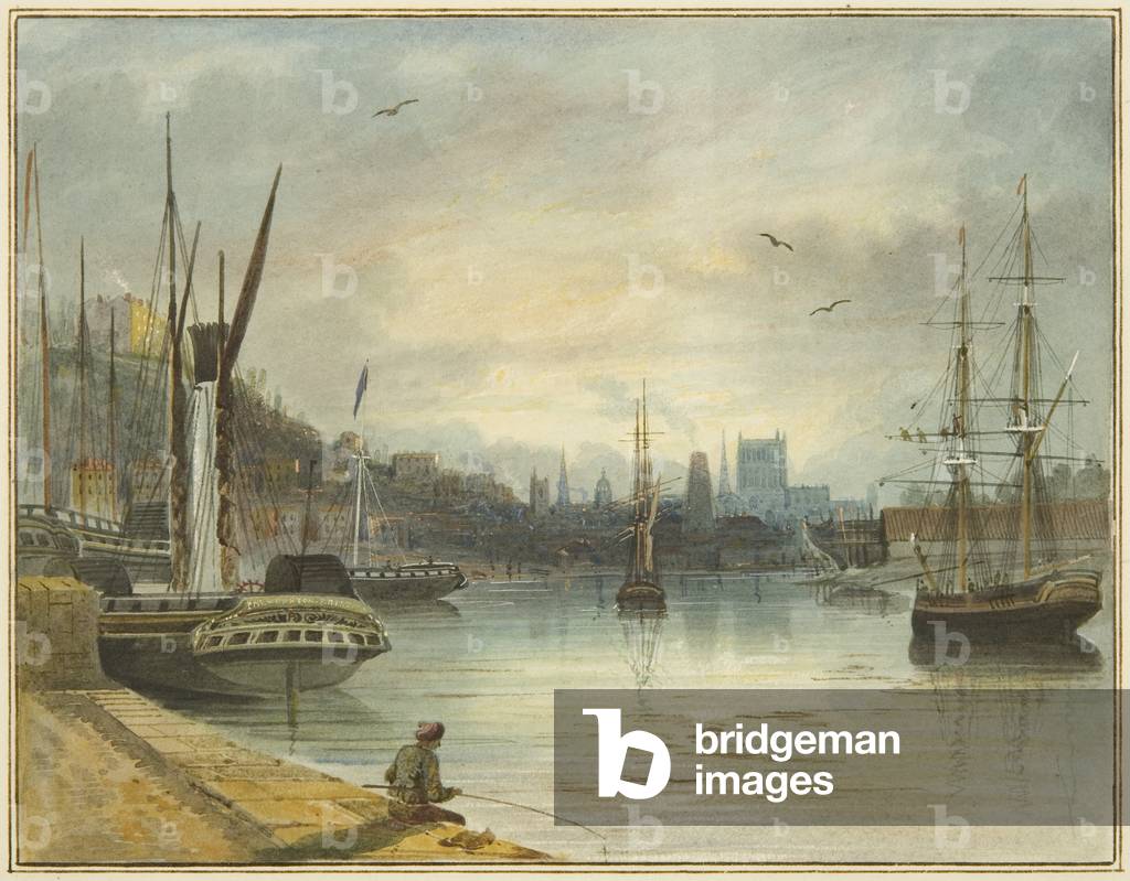 Blick über den schwimmenden Hafen auf die Kathedrale, vom Eingang des Old Floating Dock, 1827 (Bleistift & Aqu