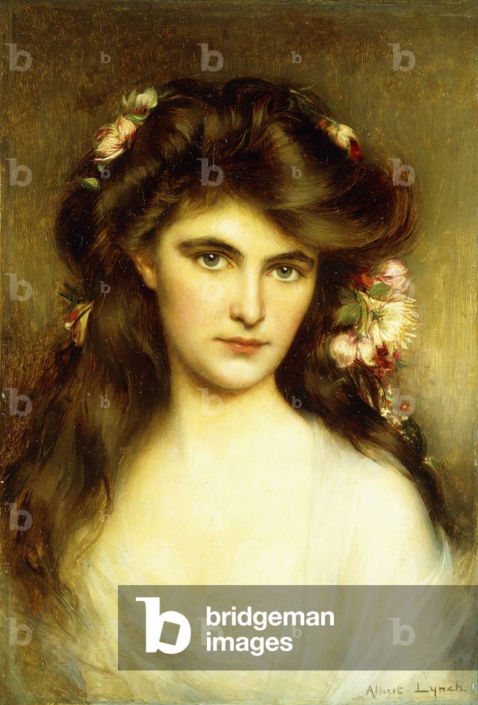 un giovani bellezza con fiori in lei capelli olio su pannello