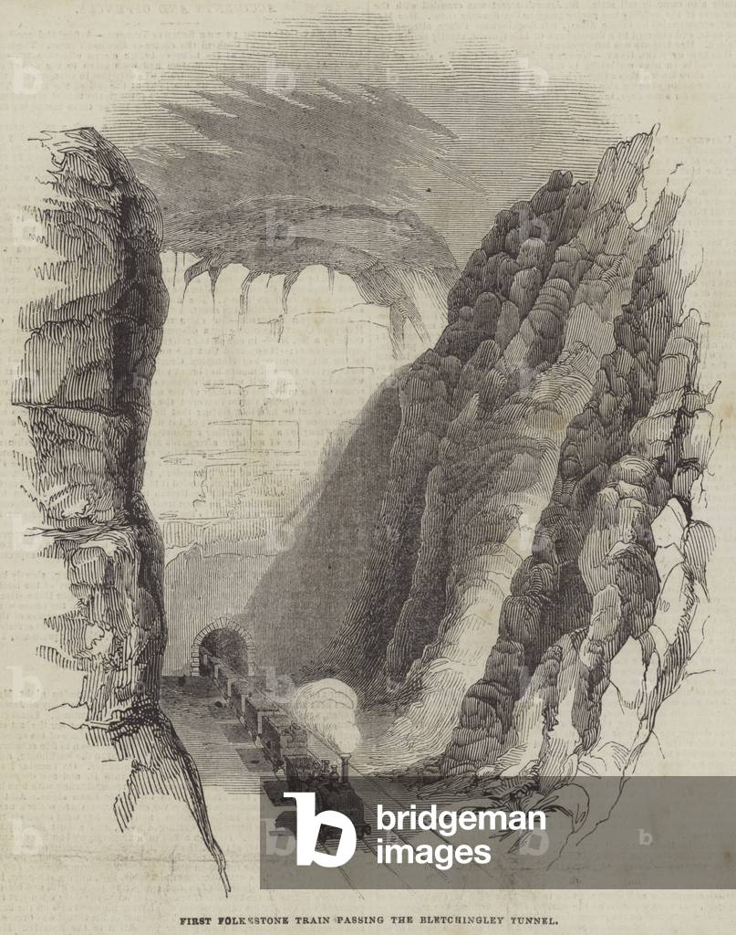 Primo treno folkestone che passa il Bletchingley Tunnel (incisione)