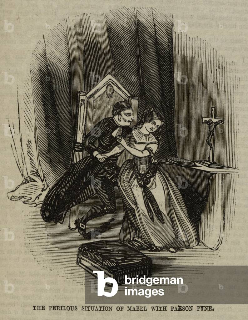 "«La pericolosa situazione di Mabel con il parroco Pine». Illustrazione per un romanzo da soldi.", b/w