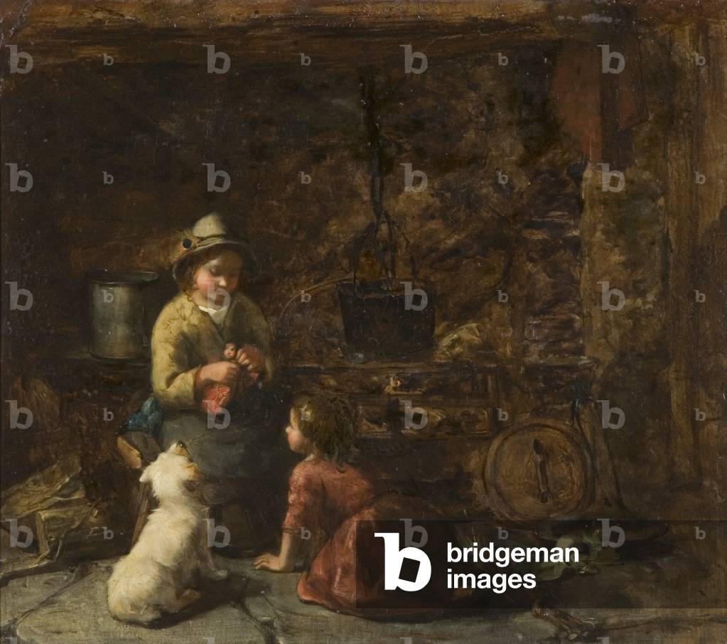 Cottage Interieur mit zwei Kindern, um 1850 (Öl auf Karton)