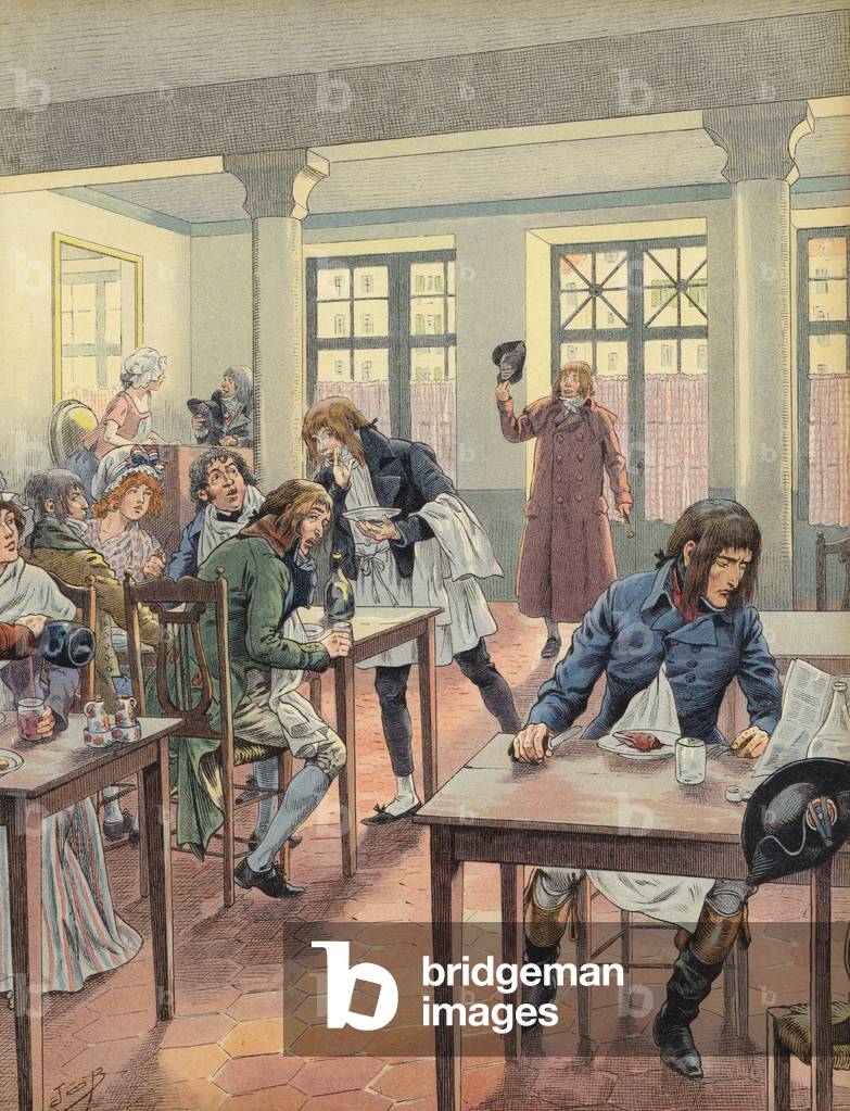 Napoleon Bonaparte sitzt in einem geschäftigen Restaurant (Farbe litho)