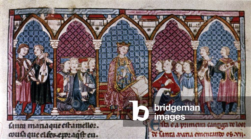 Alfonso El Sabio komponiert von Musikern aus dem 13. Jahrhundert Miniatur von “Cantigas de Santa Maria” umgebe