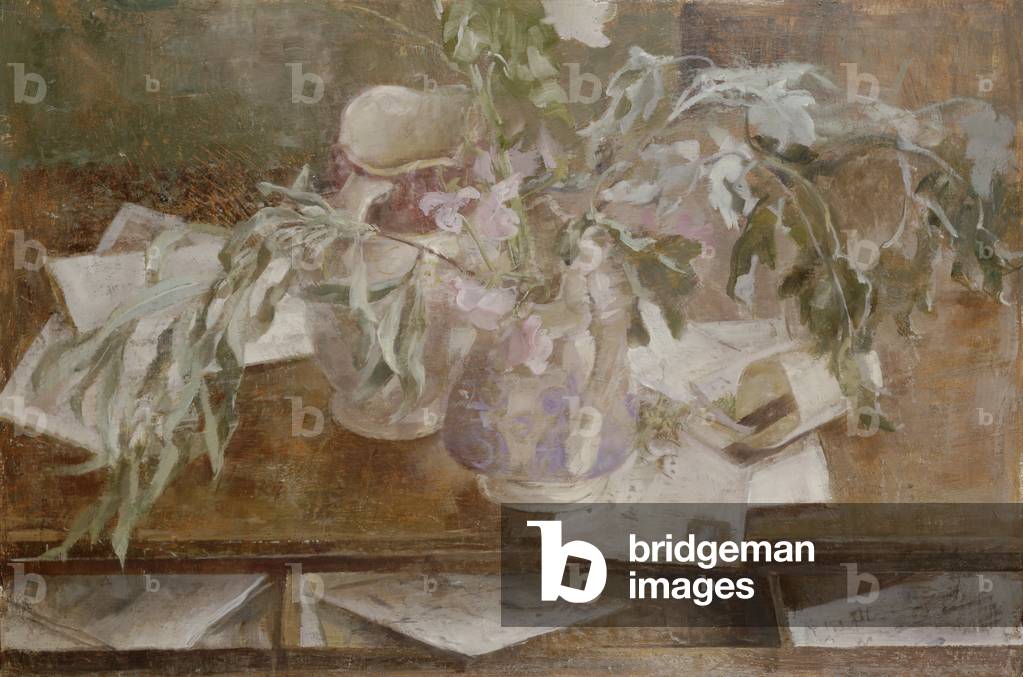 Zwei Krüge auf einem Schreibtisch mit silbernen Blättern, 1989 (Öl auf Holz)