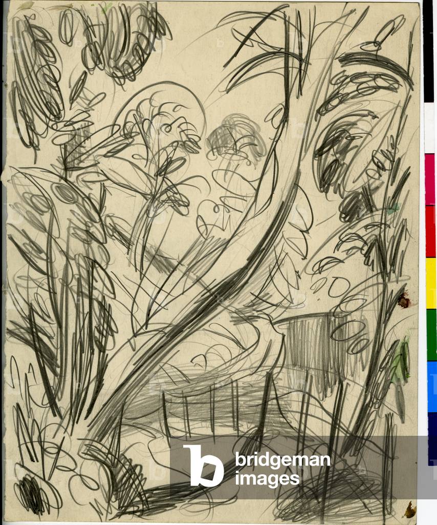 Bild von Zeichnung "Wald mit Zaun - Skizze" 1920 von William George Gillies