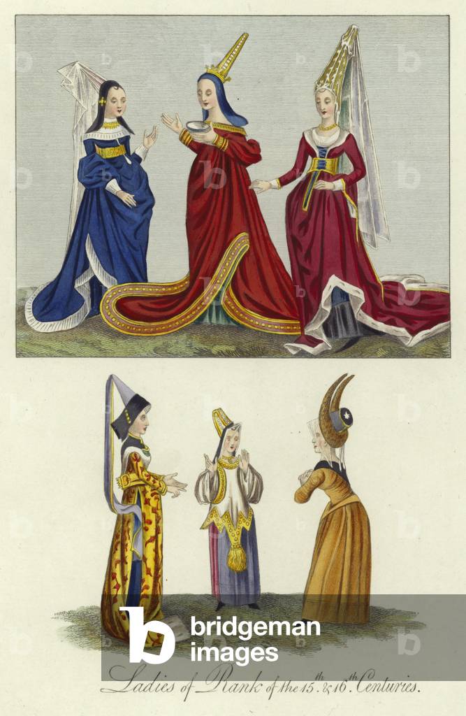 Dame di rango del XV e XVI secolo (incisione a colori)