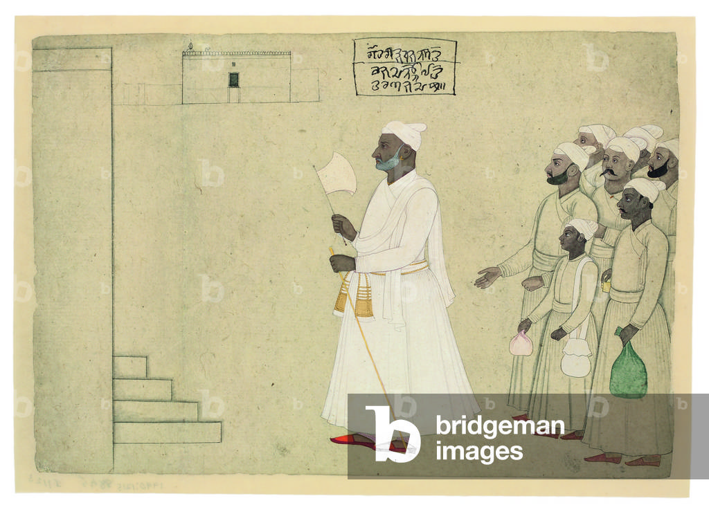 Pandit Hari Saran approchant d'un palais, c.1755-60 par Nainsukh, b/w