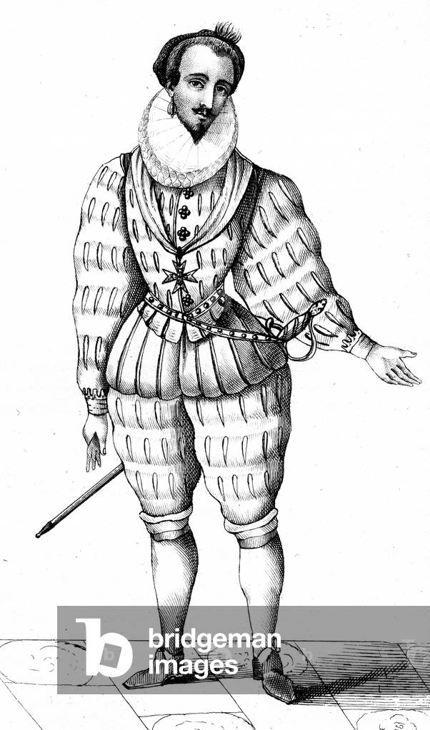 Image of Drawing depicting French vintage clothes XVI century Henri kingdom III, b/w