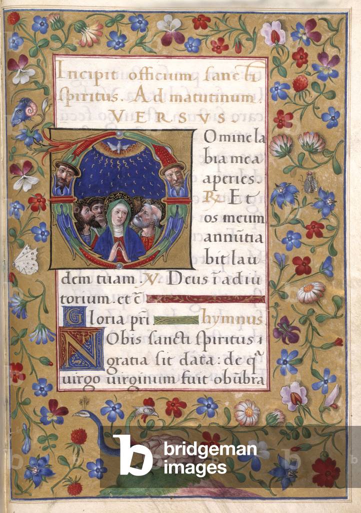 Geschichtliche Initiale “D' (Omine) der Apostel und der Jungfrau Maria am Pfingsten, mit einer Streugrenze von