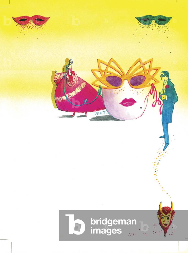 Die Verführung von Karnevalsmasken in Venedig, 1984 (Farbtinten und Ecolines auf Baumwollpapier)