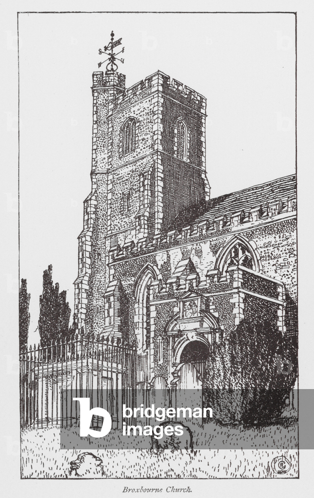 Image de Estampe représentant Église de Broxbourne (lithographie) 1901 par Frederick Landseer Maur Griggs
