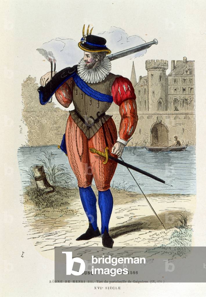 A French 16th century musketeer. 19th century (engraving)