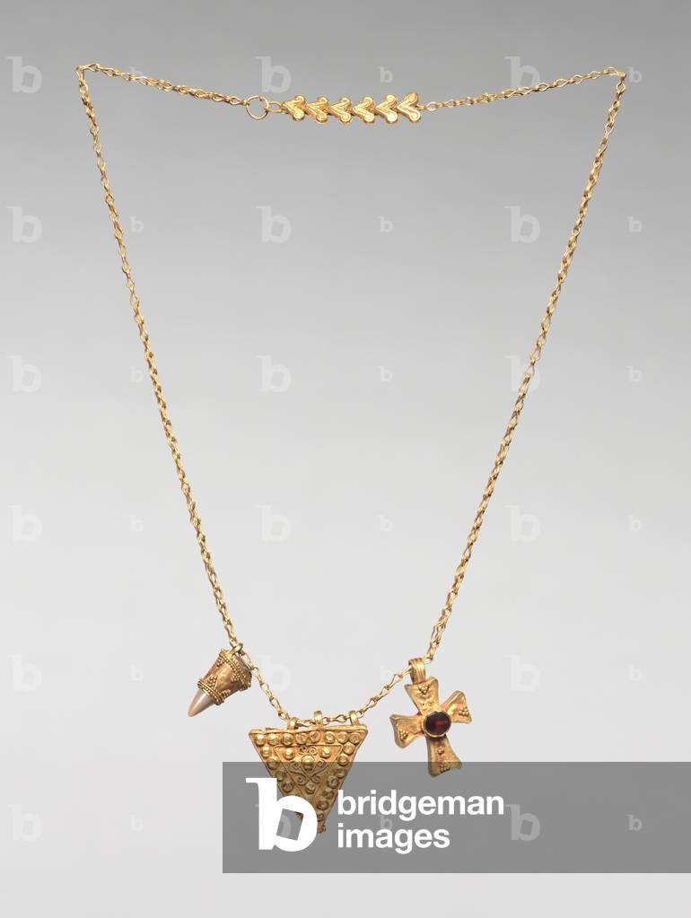 Chain with Two Pendants and a Cross, 500s (gold with granulation and a garnet) 