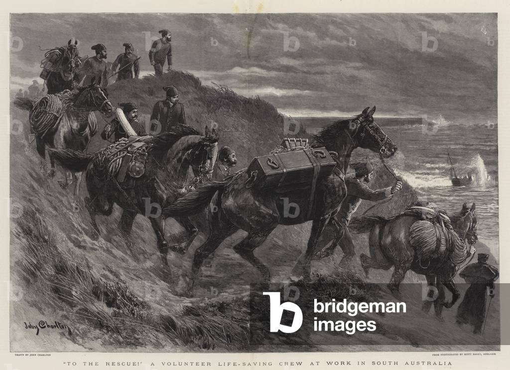 «To the Rescue!» Un gruppo di volontari che salvano la vita al lavoro in Australia Meridionale (incisione)