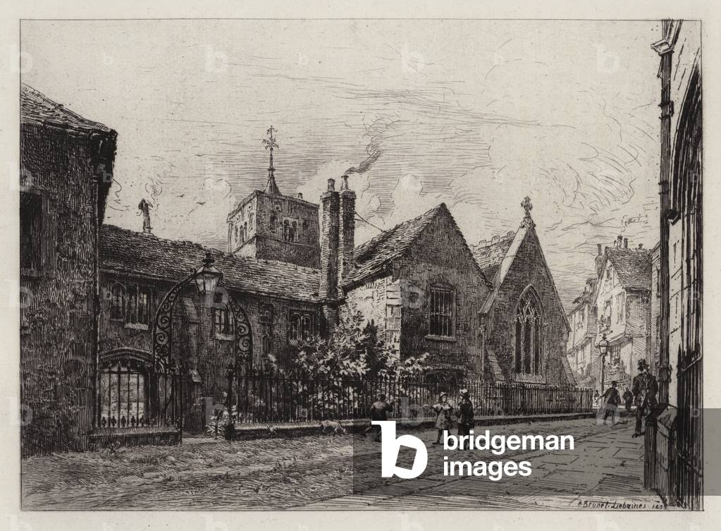Cambridge: Corpus Christi College and the Tower of St Benet's (etching) by Alfred-Louis Brunet-Debaines