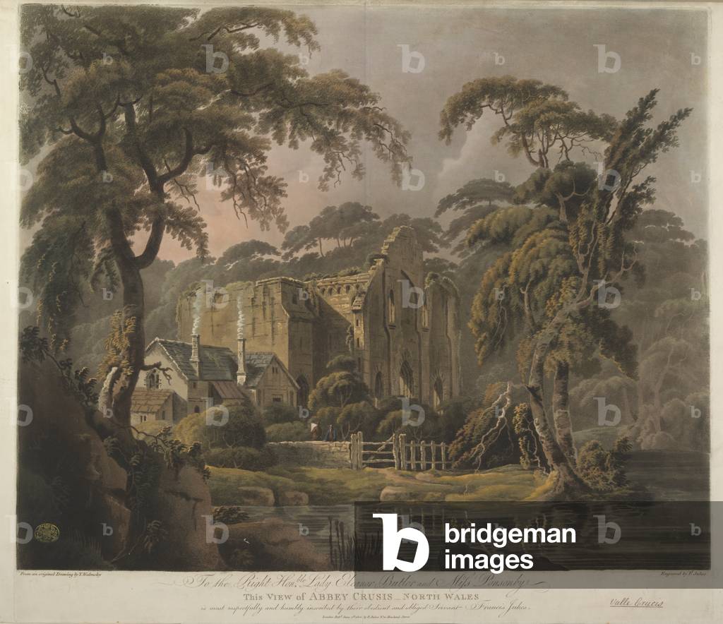 "Figure delle rovine dell'Abbazia di Valle Crucis; un edificio con camini fumanti a sinistra; un corpo d'acqua