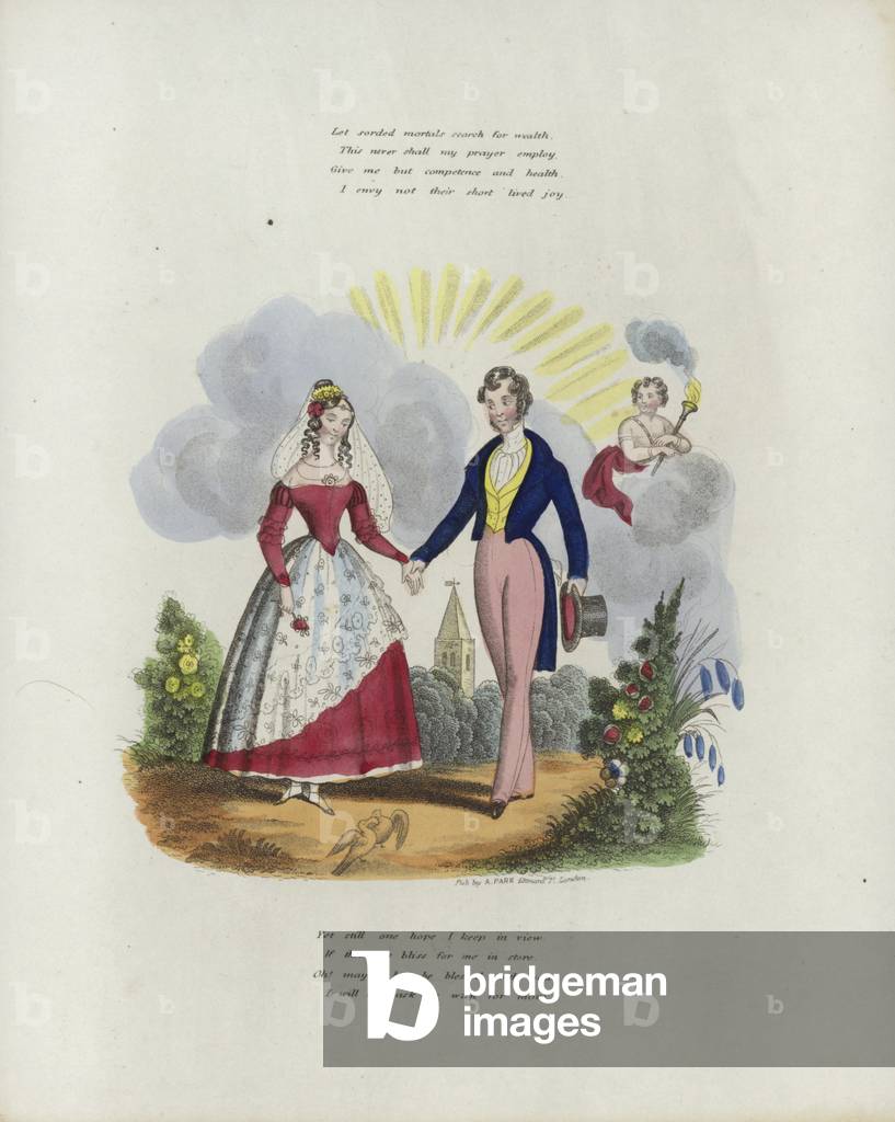 Carta di San Valentino inglese con un'immagine di un uomo e una donna che tiene per mano (colore lito)