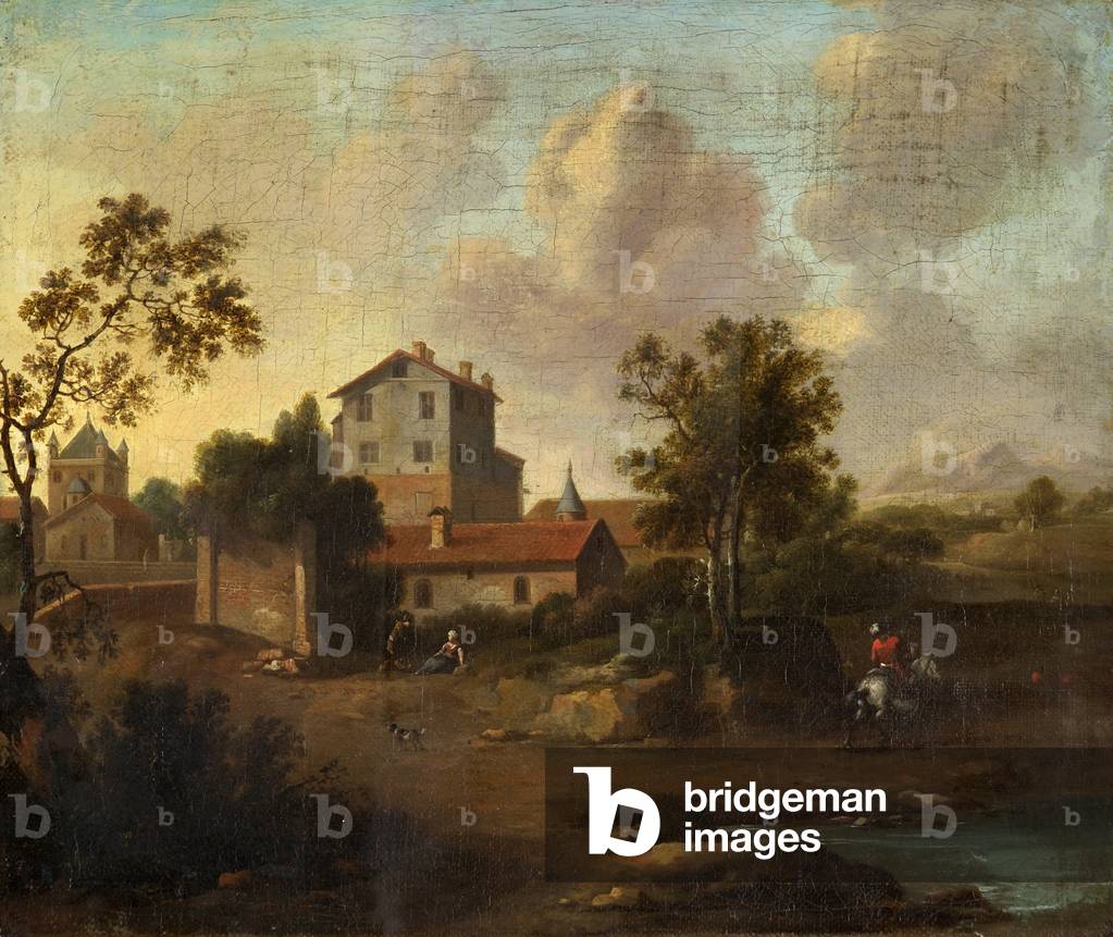 Bild von Gemälde "landschaft mit ruinen und ein reiter auf einem weiß pferd" 1675 von Dutch School