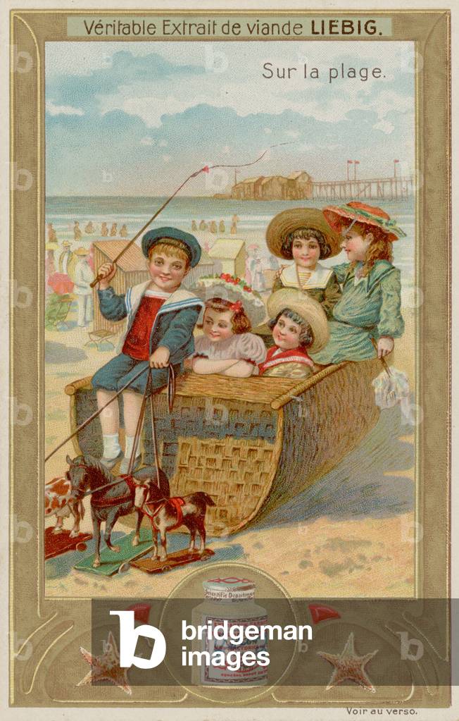 Bambini in una carrozza finta con cavalli giocattolo (chromolito)