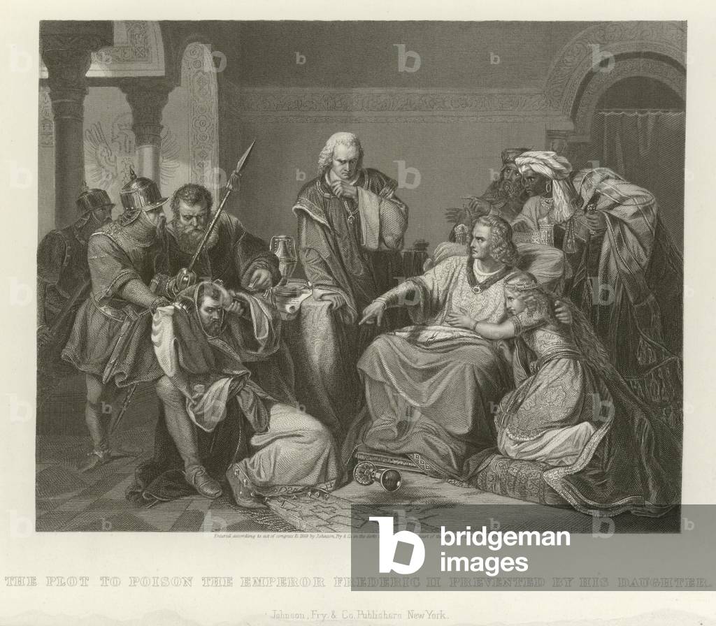 "Trama per avvelenare l'imperatore Federico II (incisione)" di American School, b/w