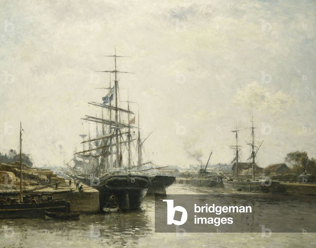 Bild von Gemälde "Le Bassin de Caen", 1887 von Stanislas Victor Edouard Lepine, b/w