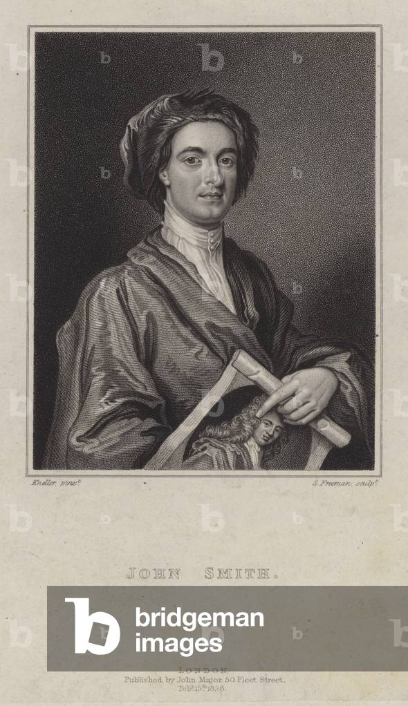 John Smith, englischer Graveur, hält einen Druck von ihm des Künstlers Sir Godfrey Kneller (Gravur)