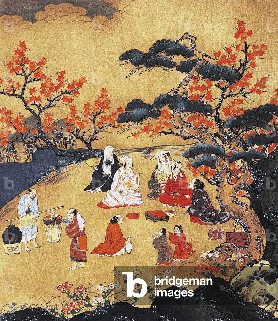 Image of Women looking at maple trees in Takao, screen, Azuchi