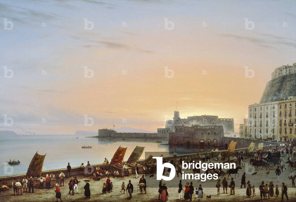 Sunset on Neapolitan waterfront, ca 1838, by Giuseppe Canella (1788-1847), oil on canvas, 90x135 cm