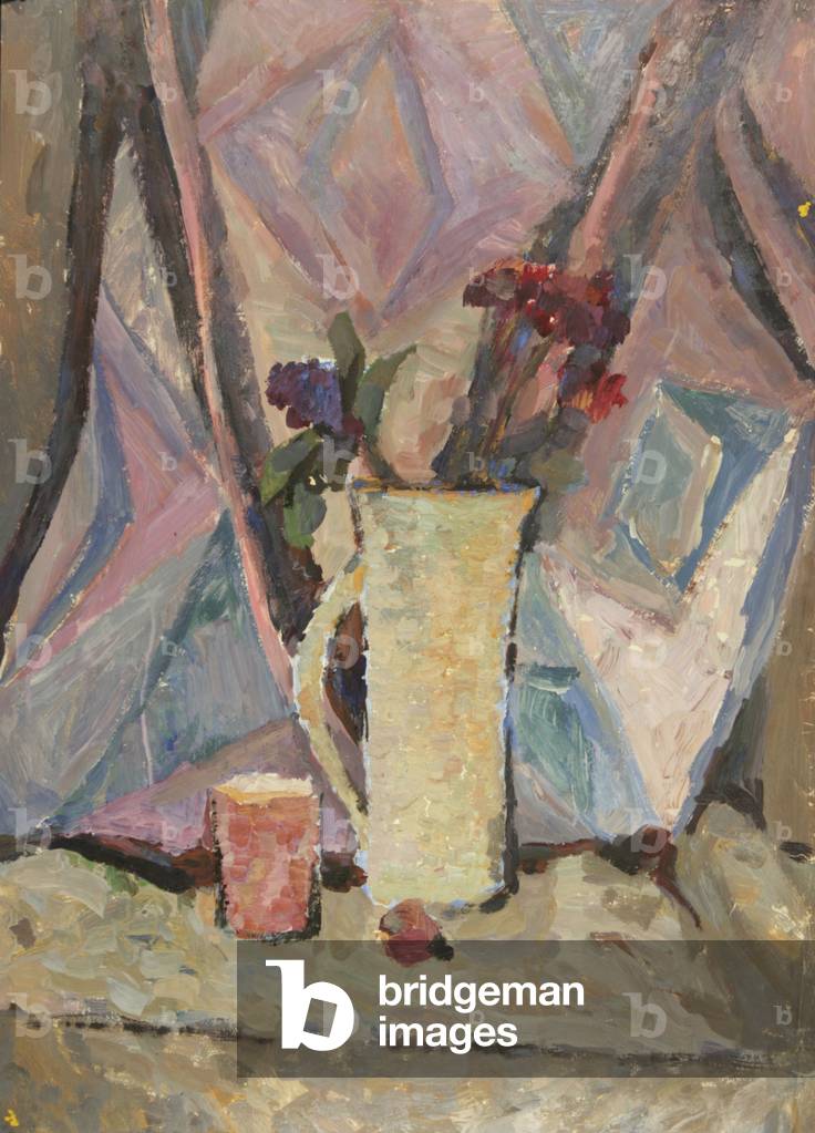 natura morta con brocca e le fiori, 1965 (tempera su carta)