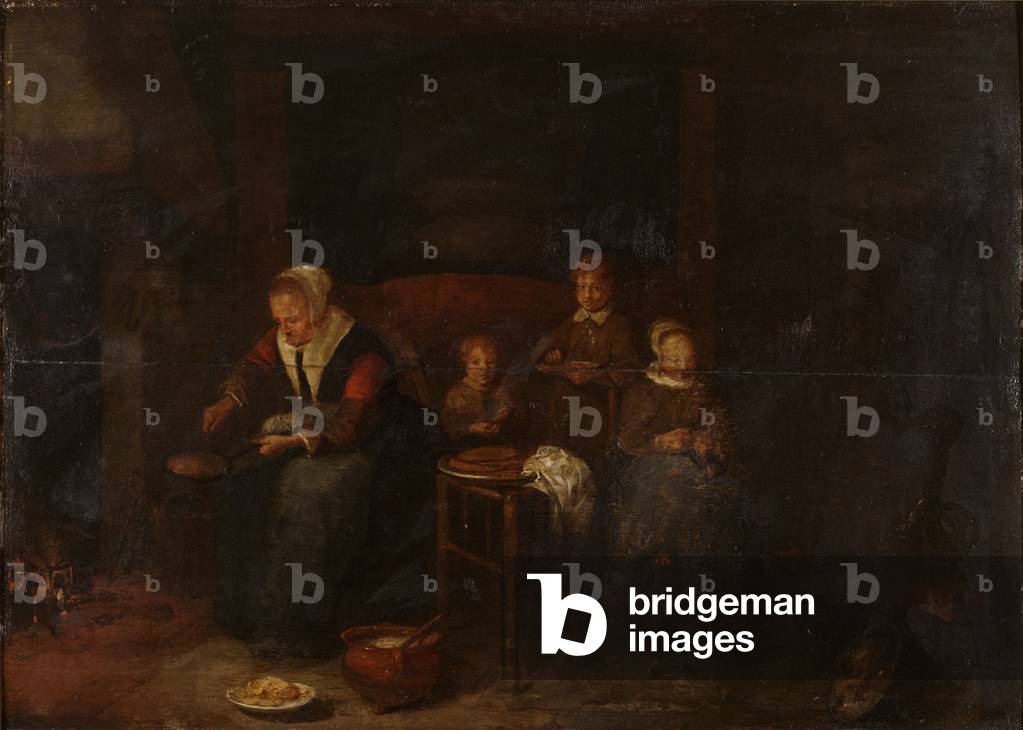 Image of Painting depicting Domestic scene near a fireplace 1650 by Quiringh Gerritsz. van Brekelenkam, b/w