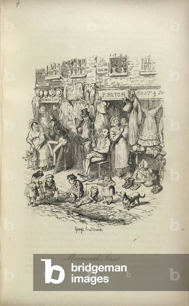 "Monmouth Street. Menschen verkaufen ihre Waren; Kinder spielen"